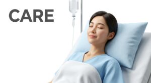 편안한 표정으로 회복 중인 환자와 의료적 케어의 이미지
